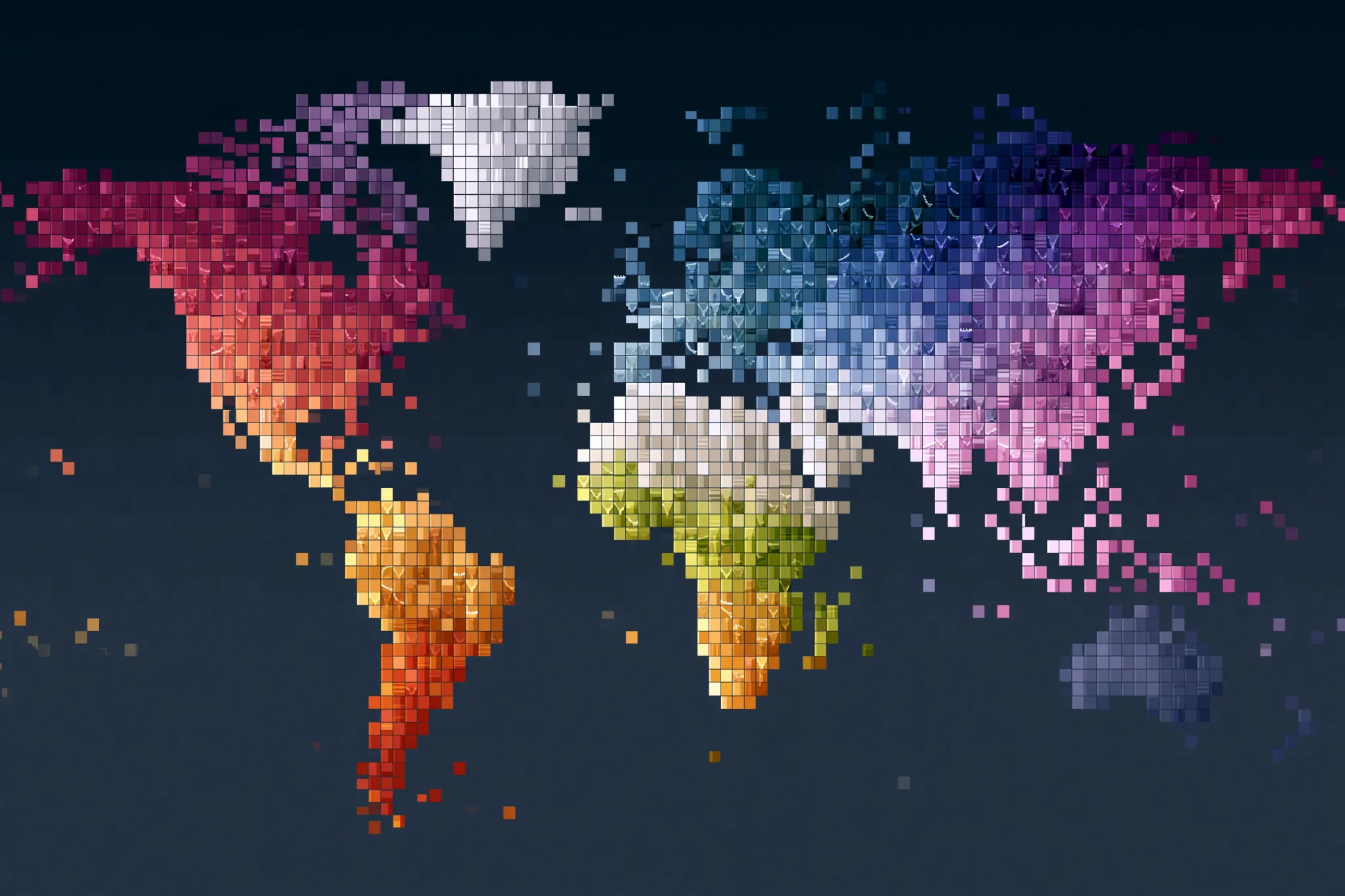 A pixelated world map representing distributed productive output